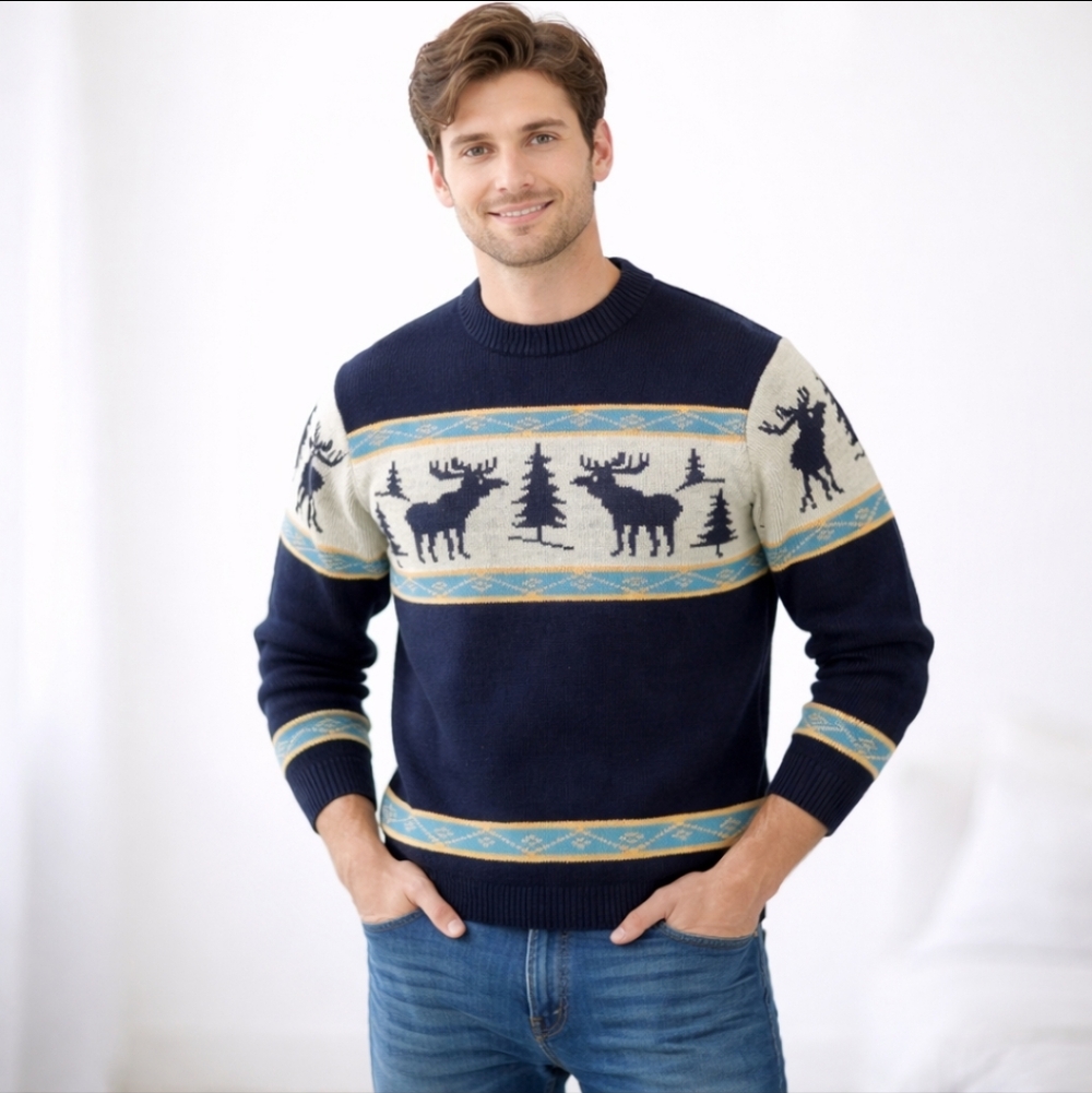 Vtg Nordic Alpine Sweater Tom Mix Flying School Aspen moose trees winter  sz M